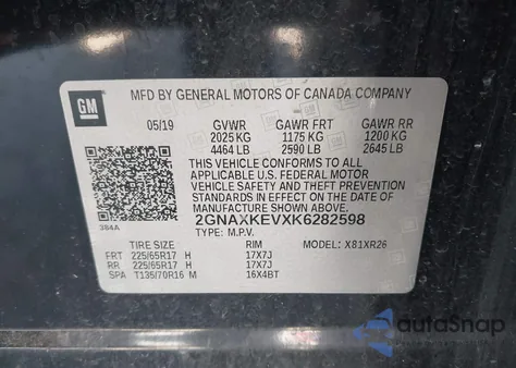 2019 Chevrolet Equinox Lt z USA, uszkodzony, nr VIN 2GNAXKEVXK6282598